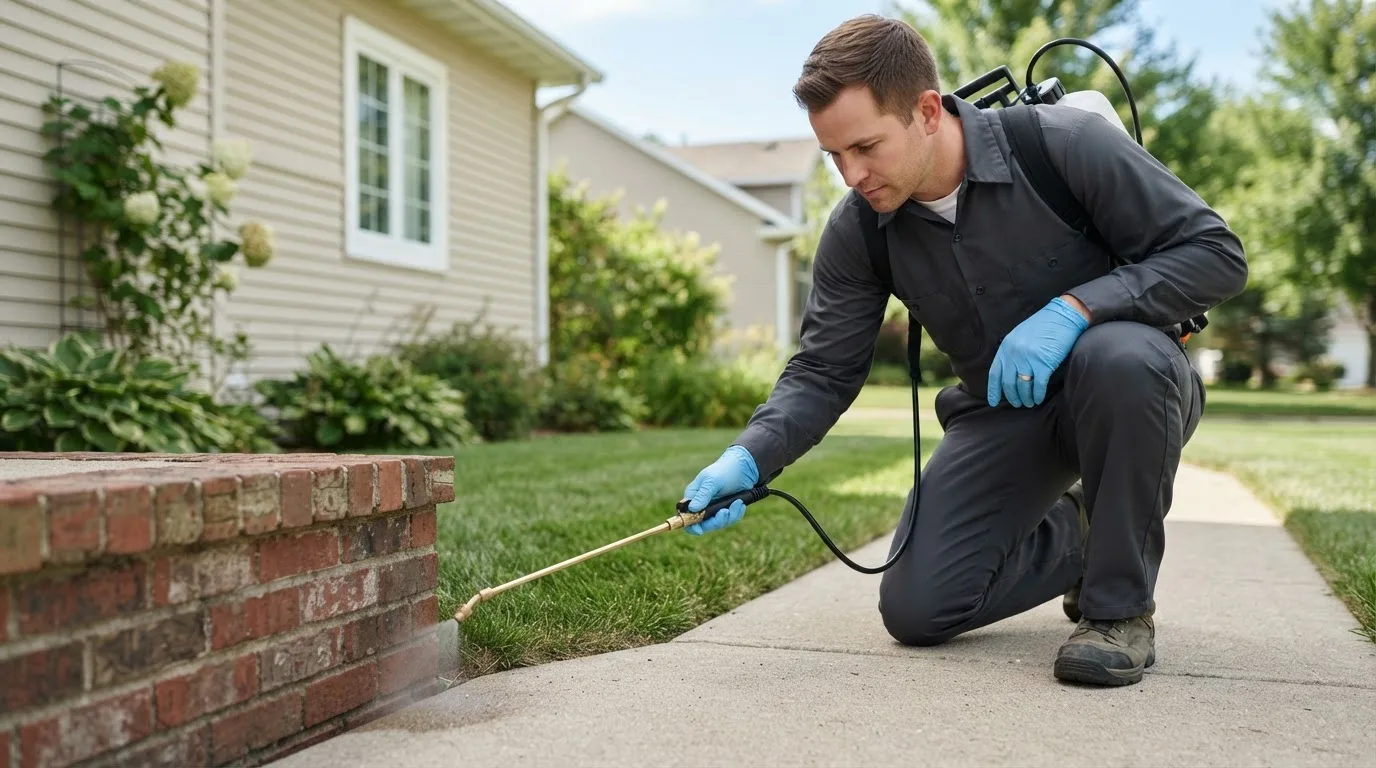 Pest control technician treating a home near Sharon, KS